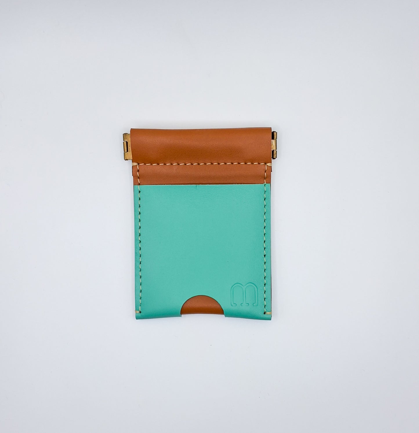Porte monnaie clic-clac en cuir camel et bleu vert
