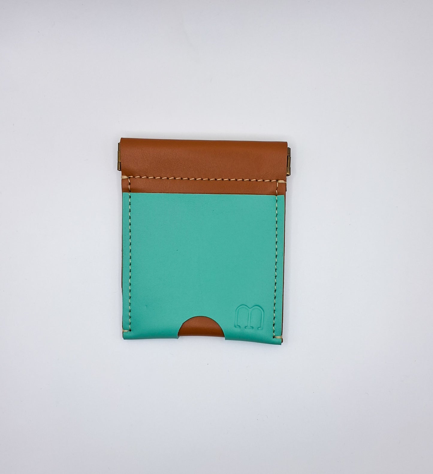 Porte monnaie clic-clac en cuir camel et bleu vert