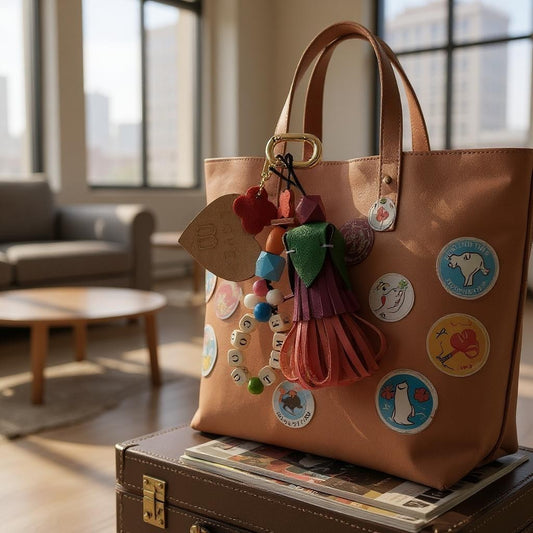 Bijou de sac disposé sur la anse d'un sac posé sur une malle qui sert de table dans un salon lumineux.