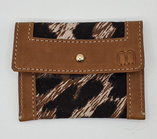 Porte carte en cuir camel et tissus leopard