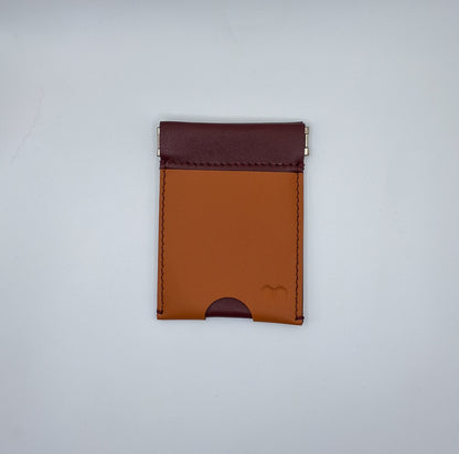 Porte monnzie clic-clac en cuir bordeau et camel 