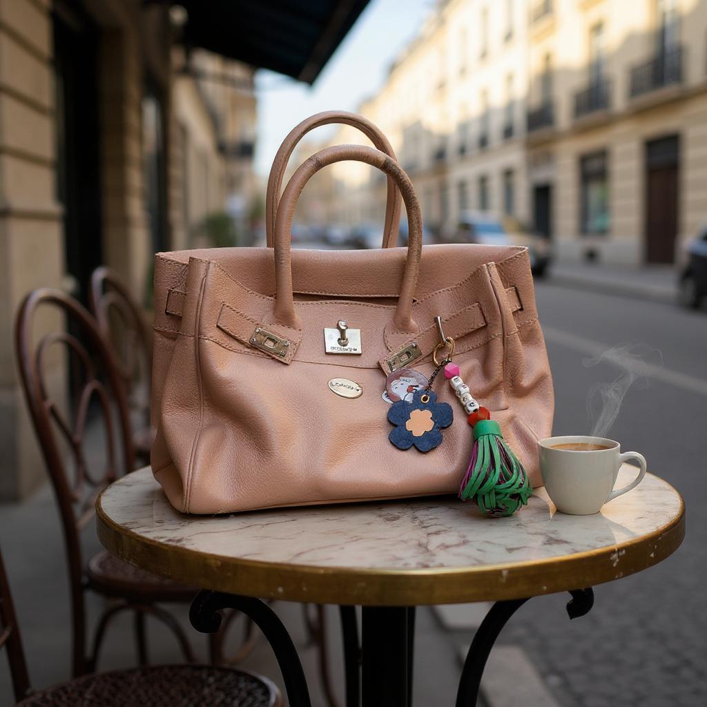 Sac en cuir beige pose sur une table de cafe en terrasseavec un bijoux de sac 