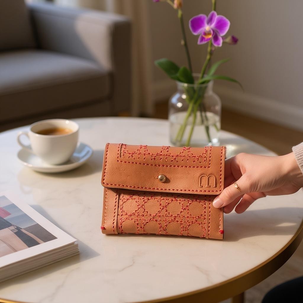 Main tenant le porte cartes camel avec des surpiqûres rouges de la collection Cannage au dessus d'une table en marbre sur laquelle est disposée un magazine, une tasse de café et une fleur. A l'arrière plan un canapé gris.